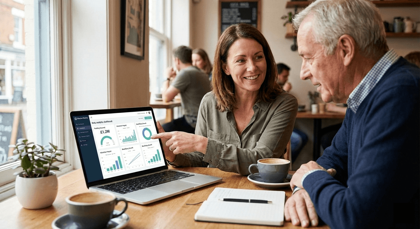 A diverse group of community members and volunteers collaborating, with a sleek data dashboard overlay showing their positive impact.